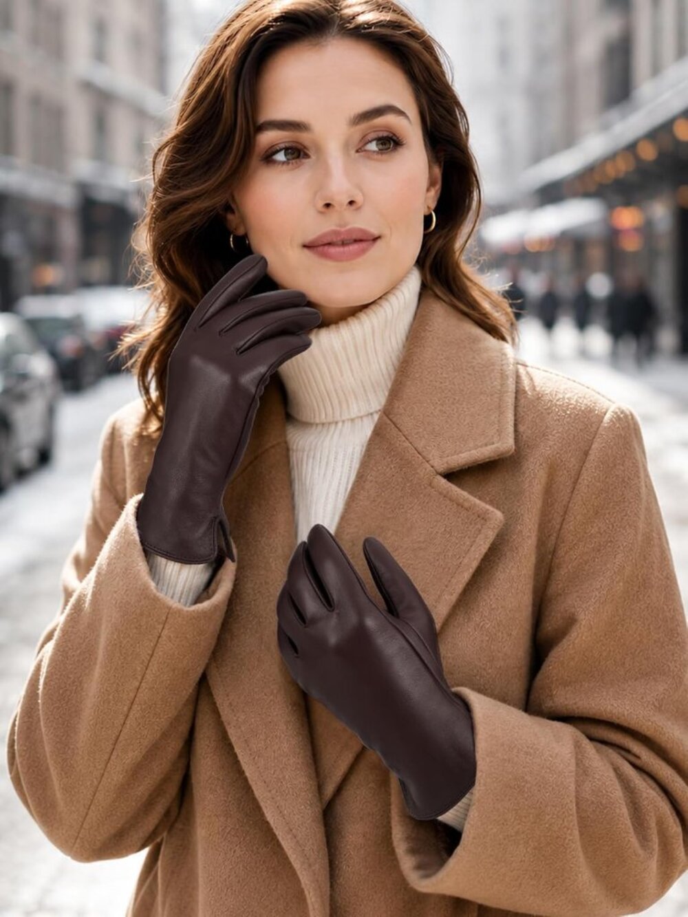 Women's Brown Touchscreen Winter Wool Cashmere Lined Sheepskin Leather Gloves - Picture 5 of 6